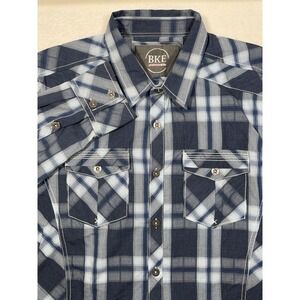 BKE Buckle Men L Blue Plaid Button Tailored Dress Shirt Western Cowboy Workwear